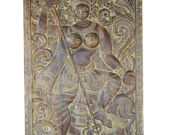 Antique Vintage Handcarved Shailaputri Goddess of Mother Nature Barn Door, Wall decor , Boho Zen interior design