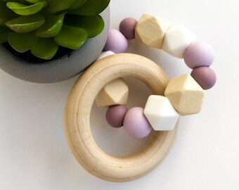 Teether Ring - hexagons & mauve