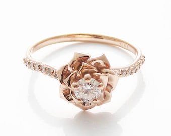 Diamond Rose Engagement Ring by Camellia Jewelry Flower Ring in 14K Gold Engagement Rose Ring