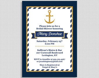 Nautical Bridal Shower Invitation, Navy and Gold Anchor Wedding Shower Invite, DIY PRINTABLE