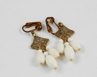 Vintage Clip On Earrings with White Beads