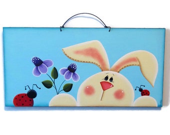 Bunny Flowers Ladybugs Wall Art, Handpainted Wood Sign, Hand Painted Spring Easter Home Decor, Tole Decorative Painting, B6
