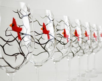 Christmas Cardinal Wine Glasses - Set of 12 Hand Painted Red Bird Christmas Glasses