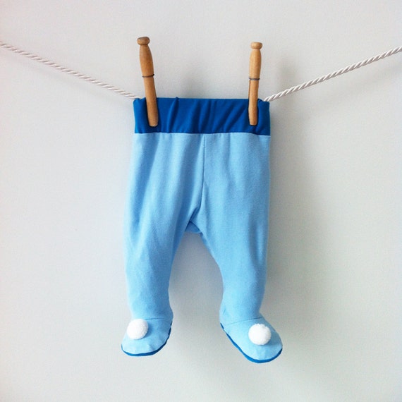 Items similar to Baby Boy Blue Pompom Footed Pants, Baby Footies ...