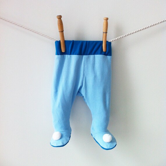 Items similar to Baby Boy Blue Pompom Footed Pants, Baby Footies