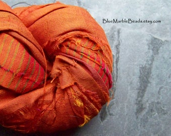 Recycled Sari Ribbon, Striped Ribbon, Silk Sari Ribbon, Reclaimed, Orange Ribbon, Tassel Ribbon, Vibrant Colors, Boho Ribbon, India, 5 Yards