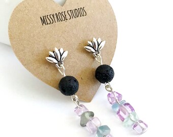 lava bead earrings, lotus flower studs, gemstone post earrings, diffuser jewelry, essential oil jewelry, fluorite jewelry, yoga teacher gift