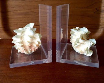 Beautiful Vintage Pair of Lucite and Shell Bookends