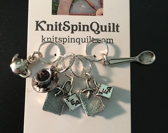 TEA themed knitting stitch markers - silver charms - knitting stitchmarkers - tea cup, teabags, teapot, spoon  - SET of FIVE