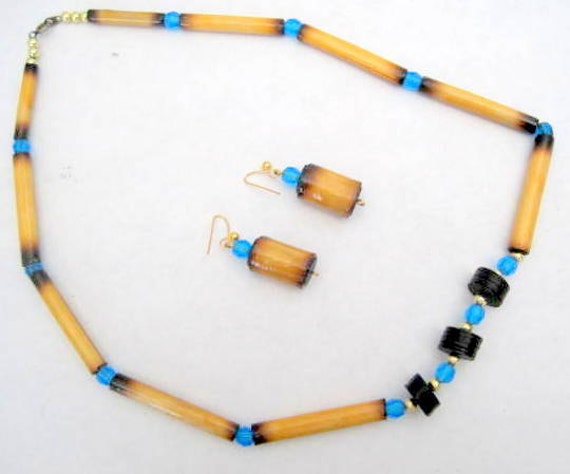 Bamboo Aqua Bead Necklace, Black Spacer, Vintage Choker