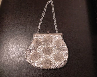 Pretty Vintage Silver Beaded and Sequined Formal Purse Shoulder Bag