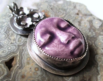 Purple Face Pendant with Floral Hat in Sterling Silver Necklace Jewelry