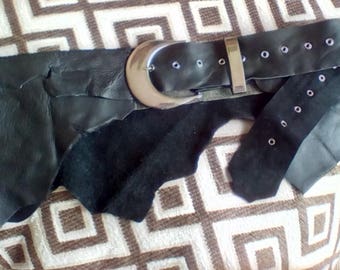 Black leather natural edge hip belt