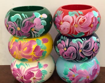 Hand Painted Floral Wood Napkin Ring Tableware Set of 6