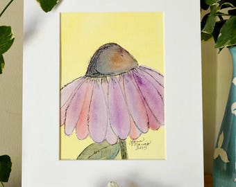Coneflower Original Watercolor No. 2 by Lana Manis, Cottage, Garden, Whimsical Artwork, Ready to Frame