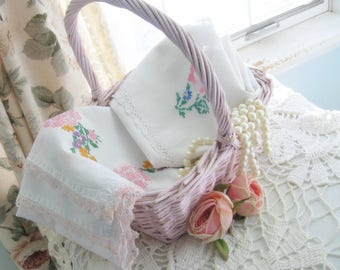 Two Runners with Roses Cross Stitch Needlework, Set of Two, Shabby Cottage, Shabby French, Roses, Bulk Linens, by mailordervintage