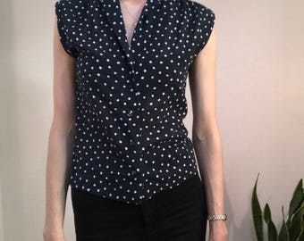 Vintage Polka Dot Blouse, Navy Blue, Size Small