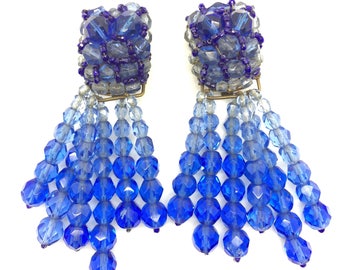 COPPOLA E TOPPO Gradated Ocean Blue Crystal Tassel Earrings 1950s - Incredible Condition