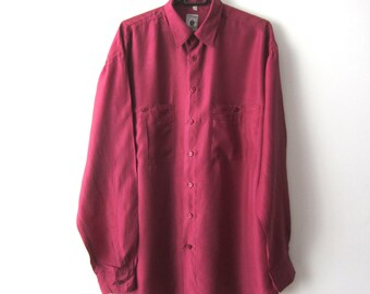 Vintage Long Sleeve Silk Shirt Men's Silk Shirt Bohemian Summer Singlet Button Up Hipster Shirt Size Large to Extra Large Red Silk Shirt