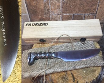 Railroad spike knife in engraved casket/wooden box, iron anniversary gift for him, 6 year anniversary gift for him, industrial art,iron gift