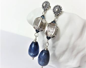 INDIA INK Earrings, Indigo Blue and Silver Lampwork Glass, Hill Tribe Fine Silver, Bali Sterling Earrings