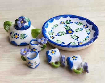 Miniature Tea Set,Miniature Chinese Tea Set,Miniature Drink,Dolls House Tea set, Miniature Tea Pot with 4 cup Set,Miniature Food,Gift