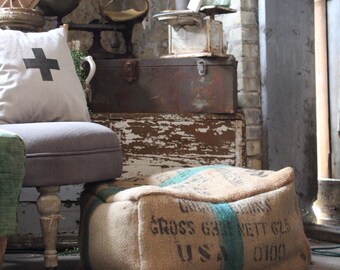 Large Vintage Burlap Ottoman , Pouf, Floor Pillow, Industrial Decor, Fixer Upper Decor BoHo Decor