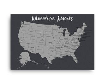 United States Push Pin Map, Travel Map, Adventure Awaits, Map Poster, Travel Board, Wedding Gift, Anniversary Gift, USA Map, US Push Pin Map