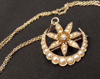 Antique Victorian Diamond and Seed Pearl Brooch Necklace Combo 14k Gold with Chain Crescent Moon and Star Honeymoon Brooch Convertible