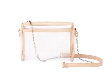 Clear bag with genuine leather strap small crossbody clutch