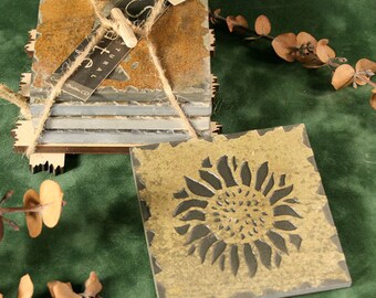 Natural Slate Coaster Set - Sunflower in Buff Stone