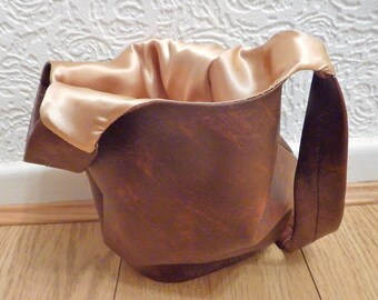 Leather Bag, Japanese Knot Bag, Vegan Leather Bag,Faux Leather Purse, Gold Satin Lined