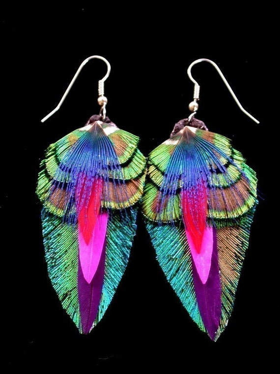 Items Similar To Peacock Feather Earrings Colorful Feather Earrings On   Il 570xN.164673651 