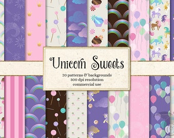 Unicorn Sweets Digital Paper, unicorn party printable scrapbook paper, seamless patterns, backgrounds, ice cream, candy, coffee, rainbows