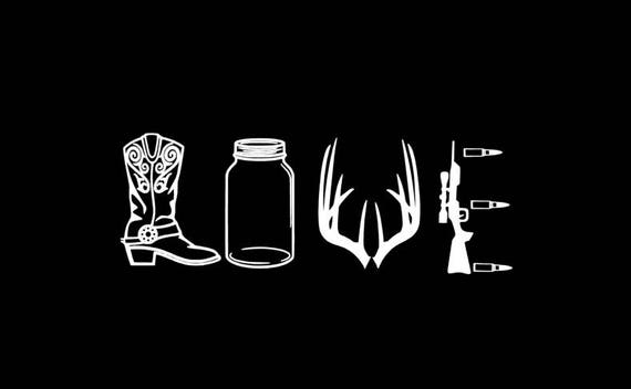 Hunting Country LOVE decal boots, deer, antlers, rifle, mason jar. choose size 6,7,8,9,10 inch country