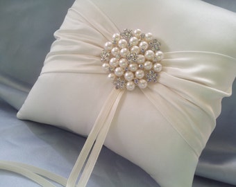 Ivory Ring Bearer Pillow Satin Ring Pillow Pearl Rhinestone Accent