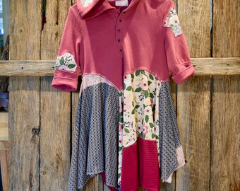 Upcycled|Floral| Rose|Lagenlook|hoodie|style|tunic|Boho|wearable art|comfy|sweatshirt,