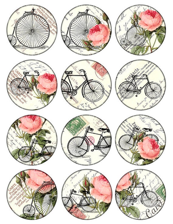 bikes and roses vintage printable tags digital collage sheet