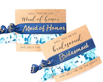 Bridesmaid Proposal Hair Tie Gift | Blue Floral Hair Tie Bridesmaid Gift, Navy Blue Floral Hair Ties, Bridesmaid Proposal Card + Gift