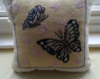 Needlepoint butterfly pillow.....vintage....yellow, blue, and lavender......wonderful condition