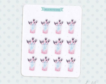 Makeup brushes stickers - cute hand-drawn watercolor matte stickers for planners/scrapbooking