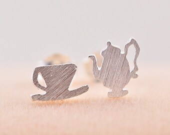 Silver Coffeepot and Coffee cup Earrings,Pairs Stud Earrings,925 Silver Women Jewelry,Lovely Earrings,bride's Wedding Gifts