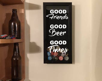 Beer Cap Holder - Good Friends, Good Beer, Good Times - Black Shadow Box (6" x 14") - Vinyl Decal Gifts, Home Bar Accessories