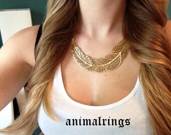 Gold Feather Necklace, Gold Statement Necklace, Gold Choker Necklace, Gold Vintage Necklace, Gold Metal Necklace, Gold Antique Necklace