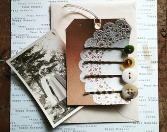 Vintage Button Hair Pin Set, Bobby Pins Made With Antique Buttons, Vintage Style Hair Accessories, Eco Friendly Gift for Women and Teens