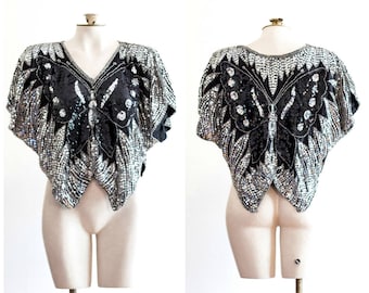 Black silk and silver sequins butterfly blouse