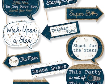 Funny Twinkle Twinkle Little Star - Baby Shower Photo Booth Props - Birthday Photo Booth Prop Kit - Blue and Gold - 10 Props & Dowels
