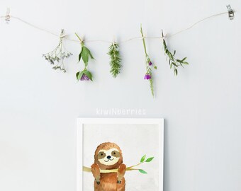 Sloth print - Sloth wall art - Hanging sloth art - Kids room decor - Printable art - Digital art prints - Instant download art