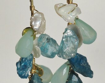 rough apatite, keishi pearl, and chalcedony earrings