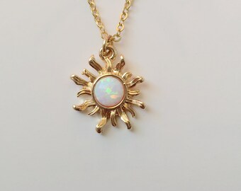 White Opal Sun Necklace. Gold Necklace. Opal Necklace. Double Chain Bracelet.